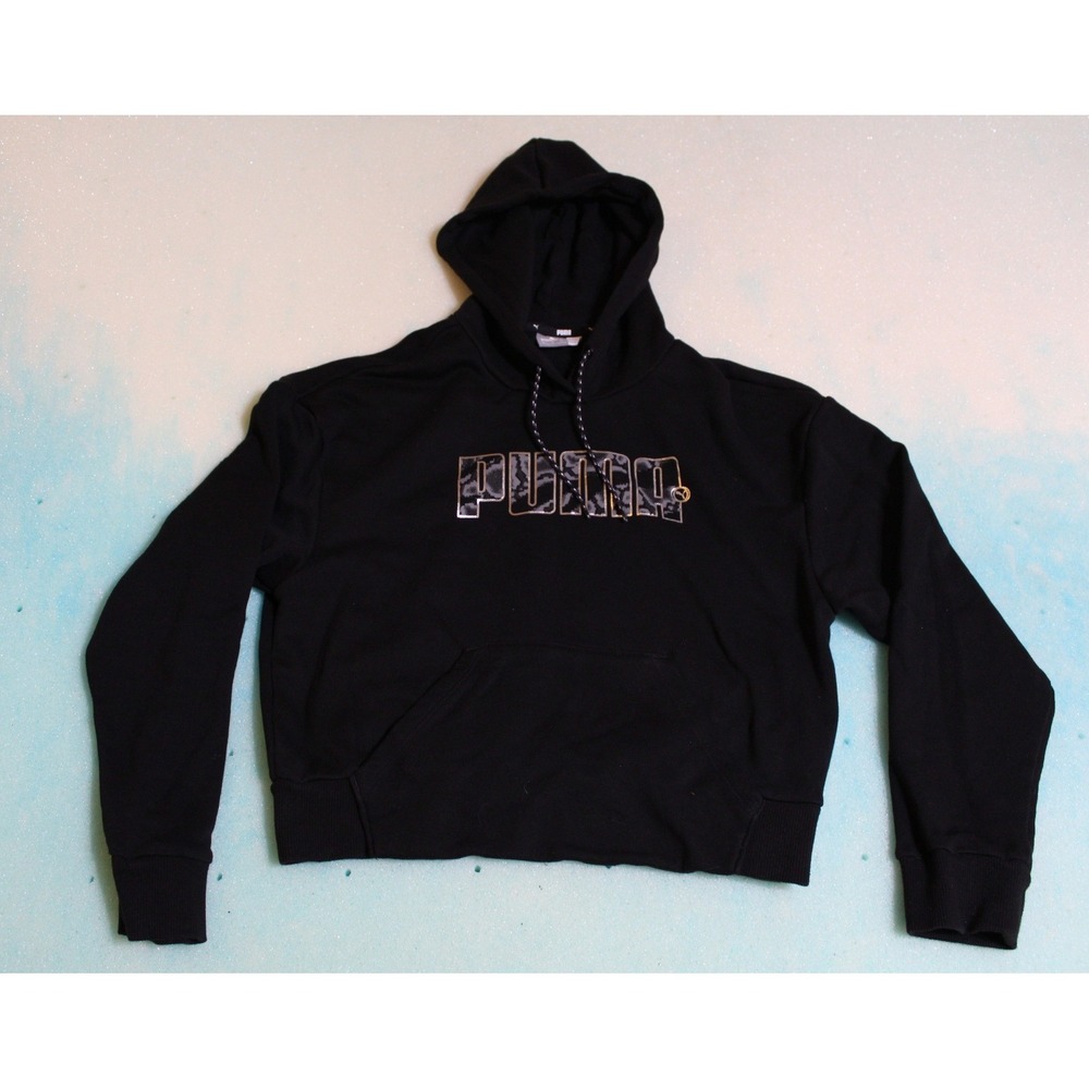 PUMA Womens Cropped Hoodie Black Camo Logo Pullover Sweatshirt Size S